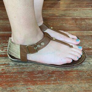 Steve Madden Gladiator Brown Leather Sandals with Metallic Gold Heel